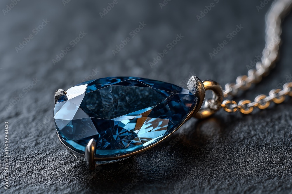 Poster beautiful blue gemstone pendant resting on a dark textured surface with intricate light reflections