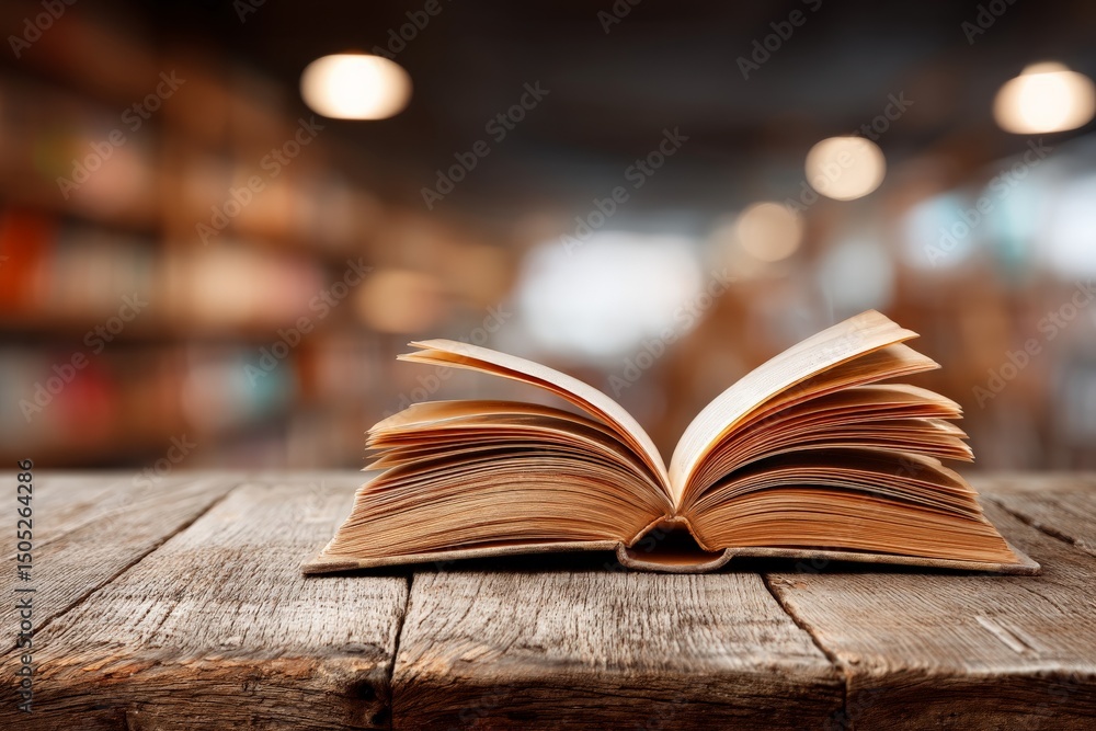 Poster open book resting on wooden table in a cozy library setting with blurred bookshelves in the backgrou
