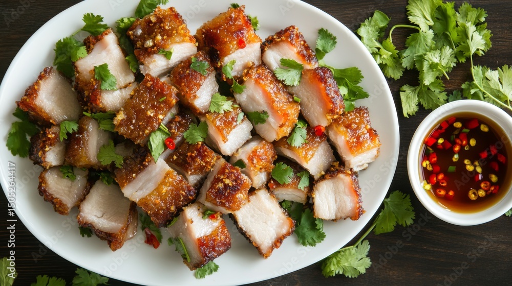 Poster a top-down view of crispy pork belly on a white plate, garnished with coriander and chili peppers, r
