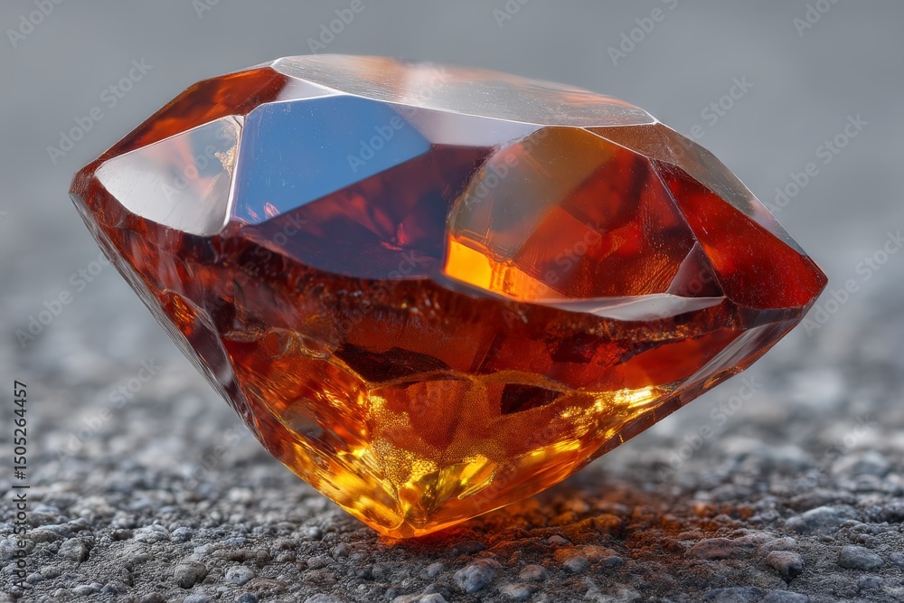 Poster shimmering orange gemstone resting on a textured gray surface during daylight hours