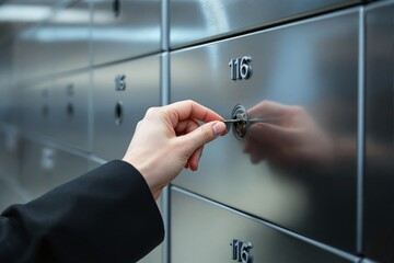Close-up of a hand unlocking a metal safety deposit box in a secure vault, metallic background, concept of finance security and privacy. Ai generative