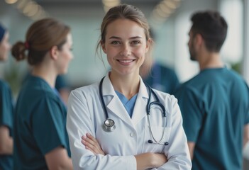 Young female doctor smiling confidently with a stethoscope around her neck