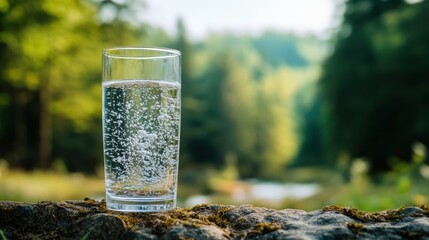Crystal Clear Glass of Sparkling Water on a Rock with a Scenic Forest Background
