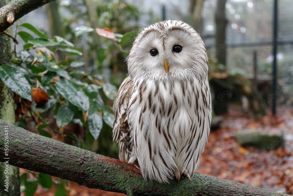 Poster snowy owl perched on a branch surrounded by foliage in a tranquil outdoor setting during a serene af