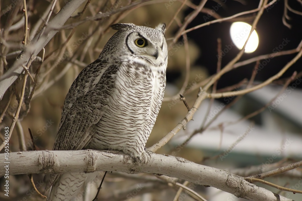 Poster owl perched on a branch under a bright moonlight in a serene night setting