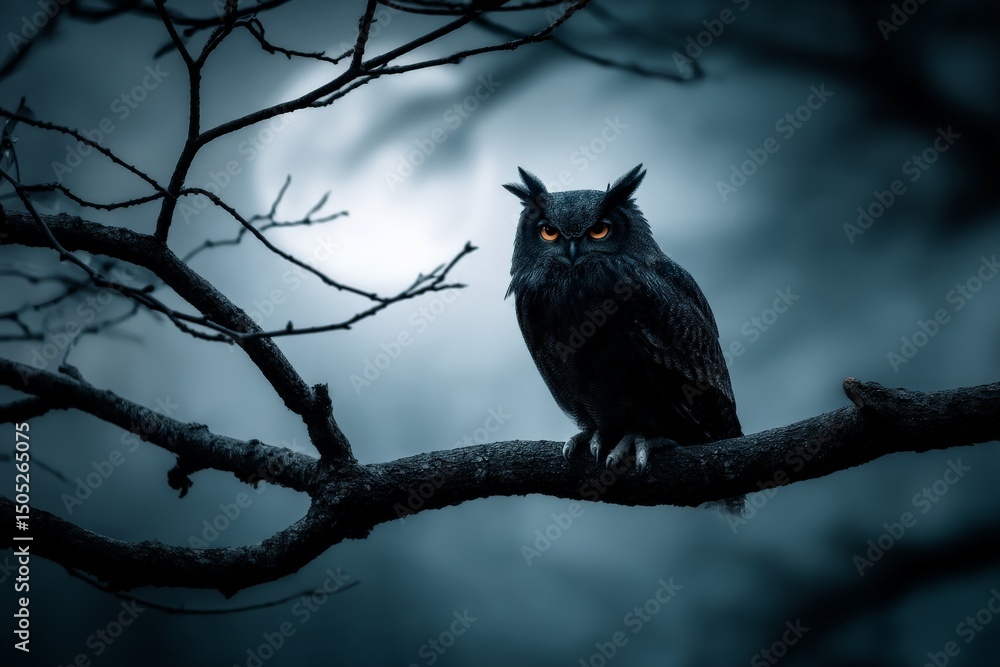 Poster majestic owl perched on a branch during a moonlit night in a dense forest setting
