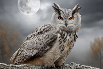 Obraz premium Majestic owl perched on a branch under the moonlight in a misty forest landscape during the night