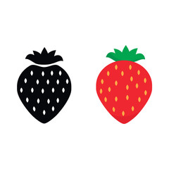 Set of two flat strawberry icons in minimalist style – one in vibrant red and green, one in solid black. Perfect for logos, UI/UX, food-related design, and branding. Ideal for healthy food, fruit