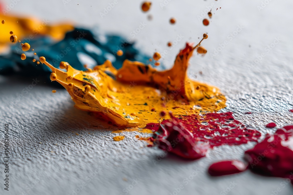Aufkleber Paint splashes create vibrant patterns on a textured surface during an artistic project in late afternoon light