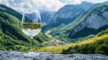 Crystal Clear Glass of Sparkling Water on a Rock with a Scenic Forest Background