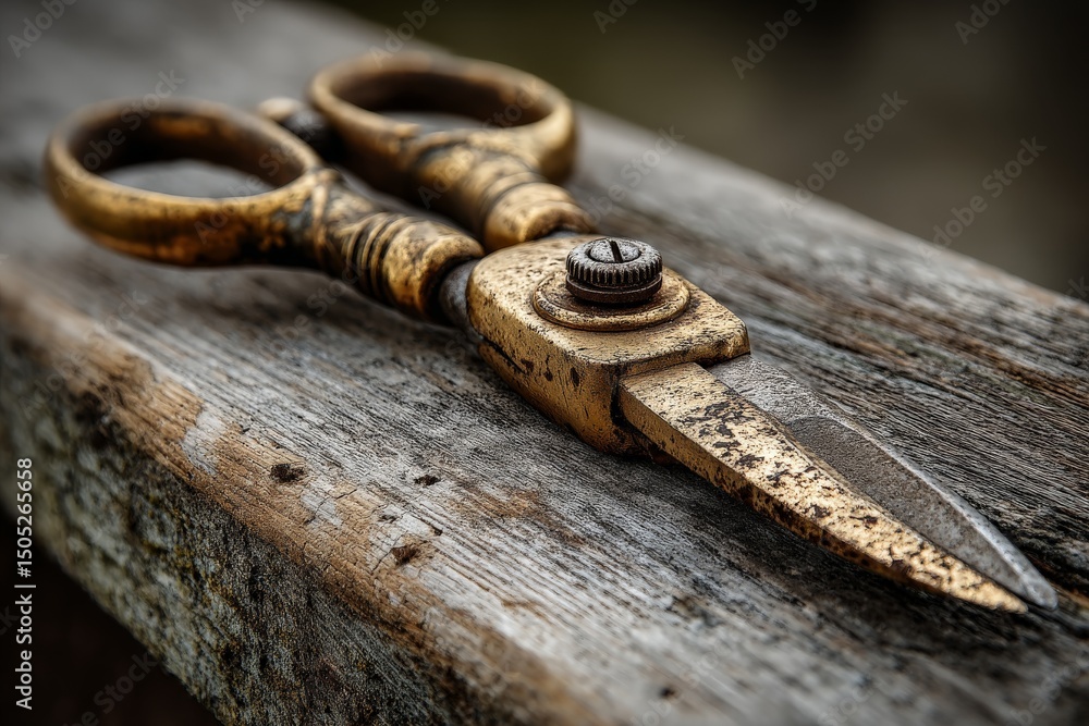 Poster vintage scissors resting on a weathered wooden surface with a rustic charm