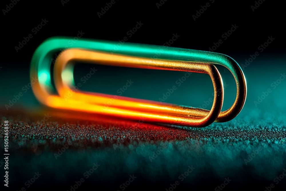 Poster colorful metallic paperclip resting on a textured surface in a low-light environment showcasing vibr