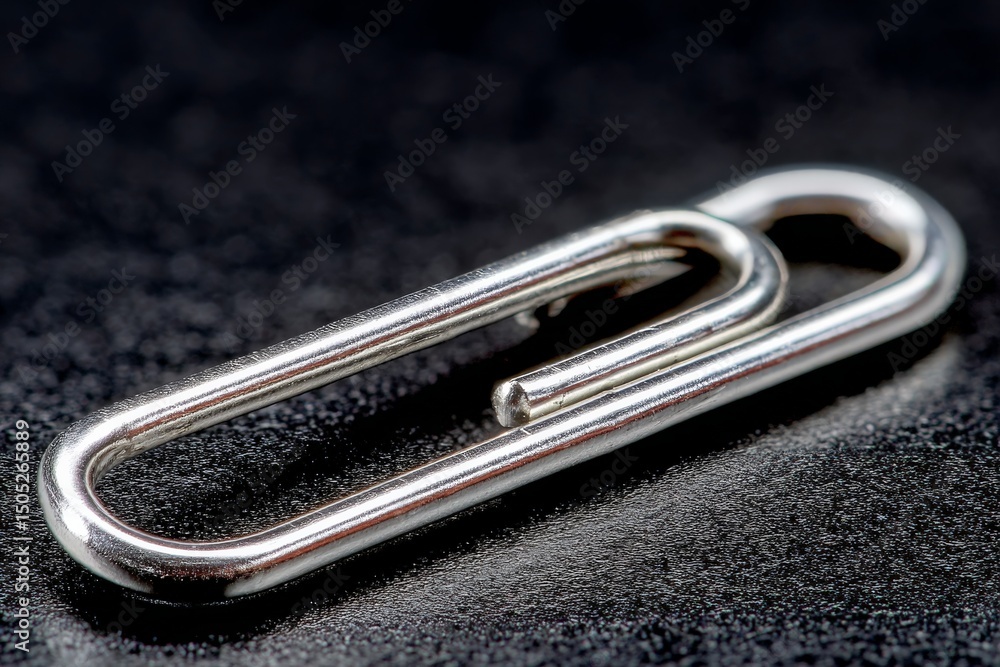 Poster close-up view of a silver paper clip resting on a dark surface showcasing its sleek design and curva