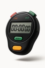 Black digital stopwatch with visible start, stop, and reset buttons on transparent background.
