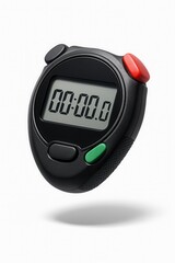 Digital stopwatch with a clear display, black body, and red and green buttons, on transparent background.