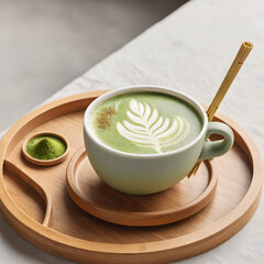 Japanese Matcha Green Tea Latte with Whisk and Powder on Tray &ndash; Close-Up Top Angle with Foam Texture
