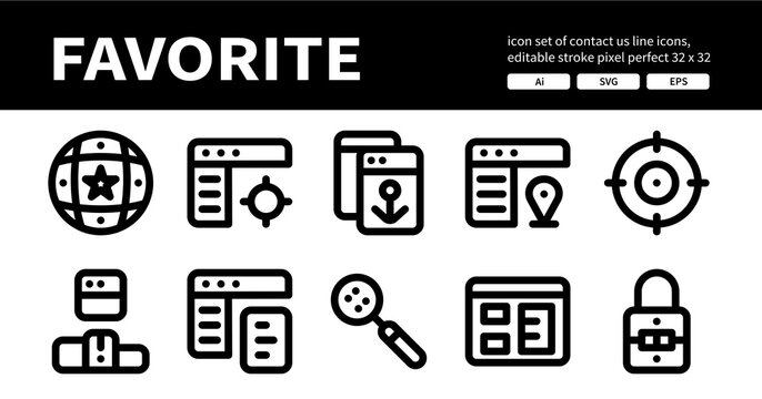 Icon Set of Favorite Line Icons. Contains such Icons as Favorite, Target, Anchor Text, Navigation etc. Editable Stroke. 32 x 32 Pixel Perfect