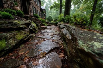 Peaceful stone pathway leading to an enchanting home surrounded by lush greenery on a rainy day