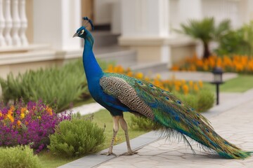 Beautiful peacock walking among colorful flowers in a tranquil garden on a sunny day