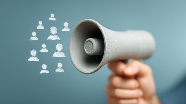 Person holding a megaphone representing leadership communication with a diverse group of people illustrated on it