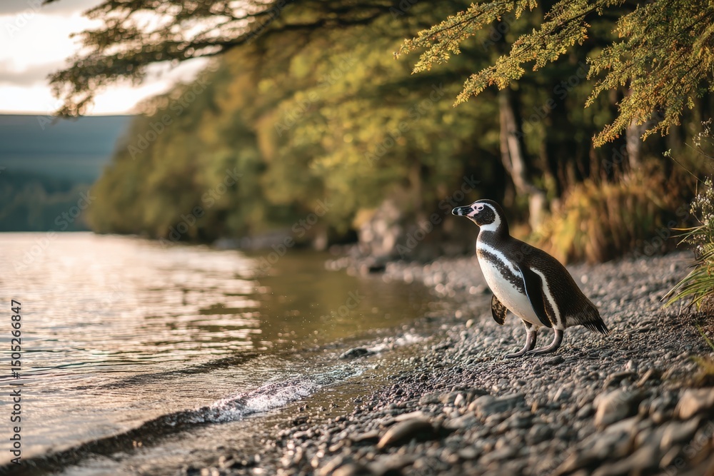Poster penguin walking along a serene lakeside with trees in the background during sunset