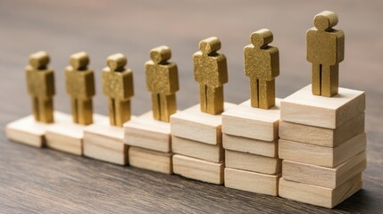 Group of wooden figures representing leadership effectiveness score through numeric gauge in a conceptual visualization