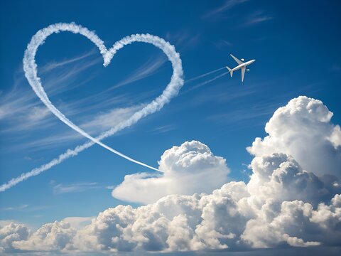 Jet Airplane Forms Heart Shaped Contrail. Romantic Love Message in Bright Blue Sky with Fluffy Clouds.