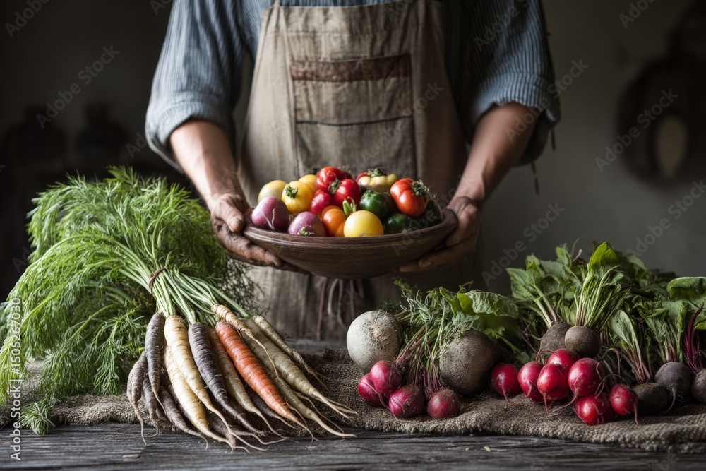Poster fresh harvest display of colorful vegetables arranged on a rustic wooden table in a cozy kitchen set