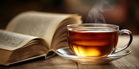 Warm Cup of Tea Beside Mental Health Book Relaxation Concept