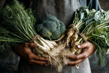 Freshly harvested vegetables held by a person wearing an apron in a rustic kitchen setting