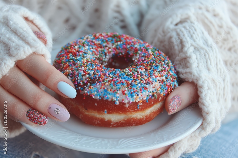 Aufkleber hands holding a colorful donut with sprinkles on a plate in cozy indoor setting during autumn
