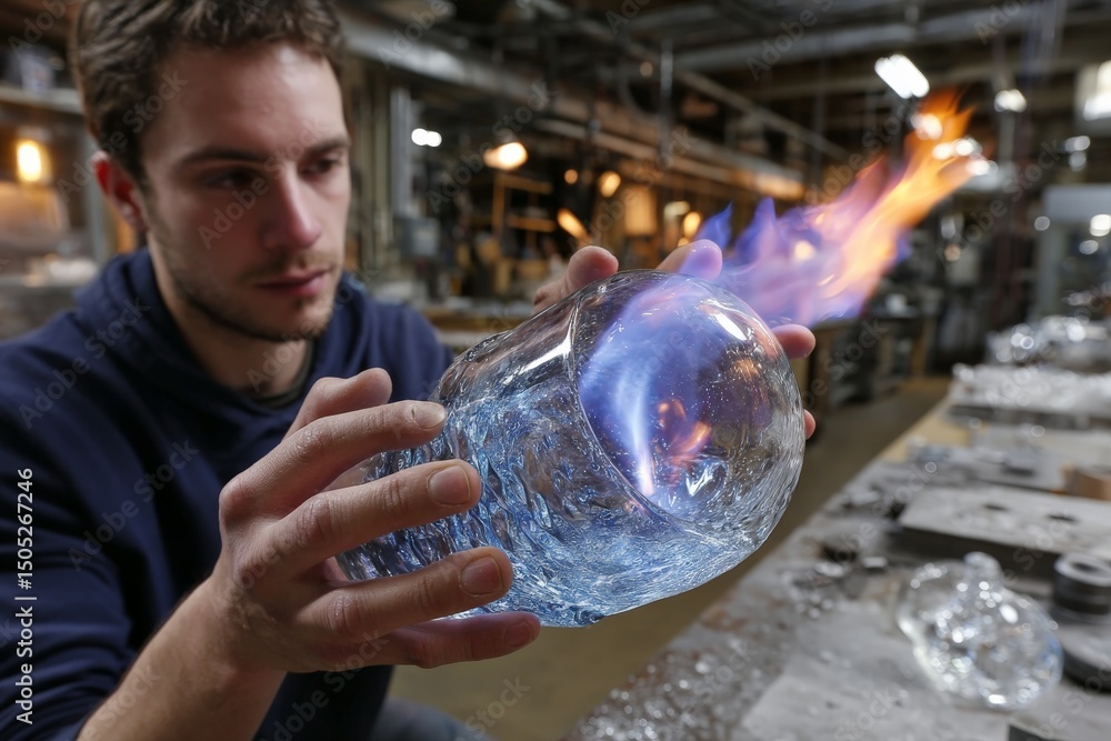 Aufkleber skilled artisan shapes glass into a striking skull while flames dance around it in a workshop