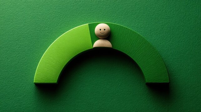 Wooden figure against a green wall representing leadership index and numeric dashboard with head icons in a creative space