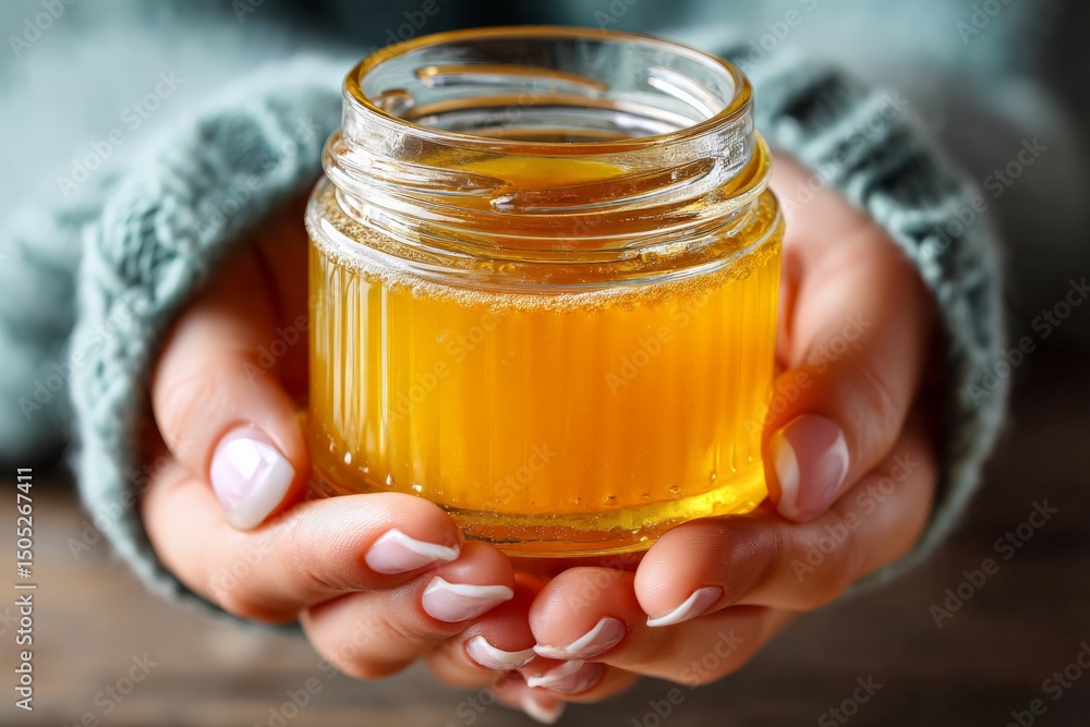 Poster warm hands hold a jar of golden honey in soft natural light on a rustic wooden table setting