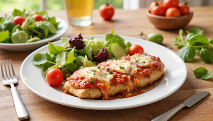 Delicious eggplant parmesan with fresh salad on dining table, comfort food