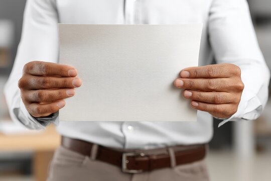 Person holding a blank sheet of paper in a modern office setting during daytime
