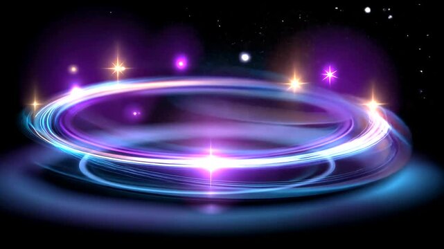 An abstract rendering showcases a vibrant, swirling light effect with multiple streams of violet, blue, and golden hues on a dark backdrop