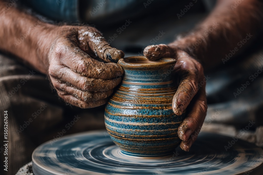Aufkleber skilled artisan shaping a unique pottery piece on a spinning wheel during a sunny afternoon in a rus