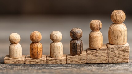 Group of wooden people icons representing leadership pipeline concept and progression of team dynamics and growth