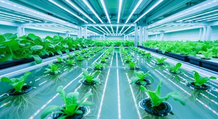 Modern Hydroponic Farm with Rows of Growing Green Leafy Vegetables