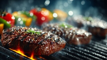 Close-up of sizzling grilled steaks and vegetables on an outdoor grill, smoke rising subtly.