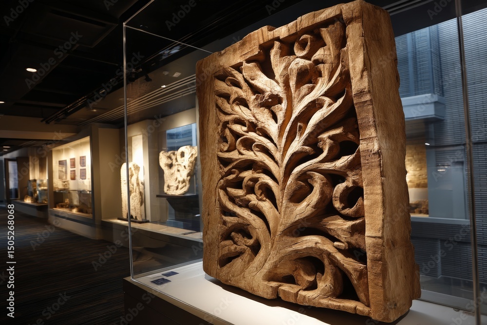 Aufkleber intricate wooden carving displayed in a modern art gallery showcasing cultural craftsmanship and des