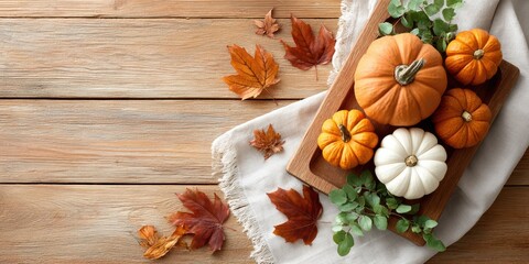 A rustic autumn arrangement with pumpkins, leaves, and greenery on a wooden table, evoking a cozy fall atmosphere.