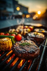 BBQ grill. The grill overflows with an assortment of delicious steaks bursting with flavor, and an array of baked vegetables.	
