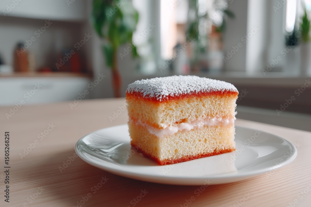 Poster delicious slice of vanilla cake with frosting on a plate in a bright kitchen setting during the afte