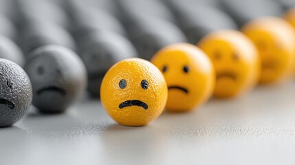 Unique sad face among row of oranges illustrating leadership style chart matrix of assertive versus passive dynamics