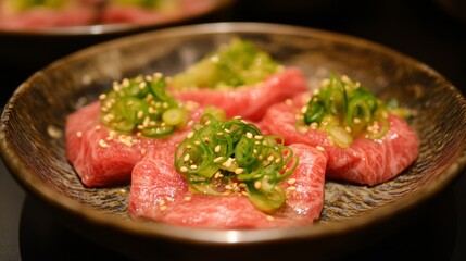 A vibrant presentation of sukiyaki served in individual bowls, garnished with green onions and sesame seeds, highlighting the delicious flavors and textures.