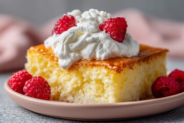 Delicious dessert with whipped cream and fresh raspberries served on a pink plate in a cozy setting