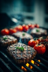 BBQ grill. The grill overflows with an assortment of delicious steaks bursting with flavor, and an array of baked vegetables.	
