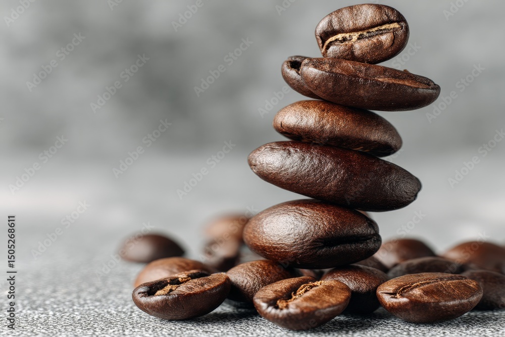 Poster Unique coffee bean stack in artistic arrangement showcasing dark roast tones and textures on a rustic background